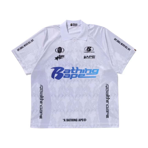 Bape Flame Pattern Overall Print Half Zip Relax Fit Polo Shirt White by Bape - NWAHYPE No.1 for streetwear T-Shirts in USA