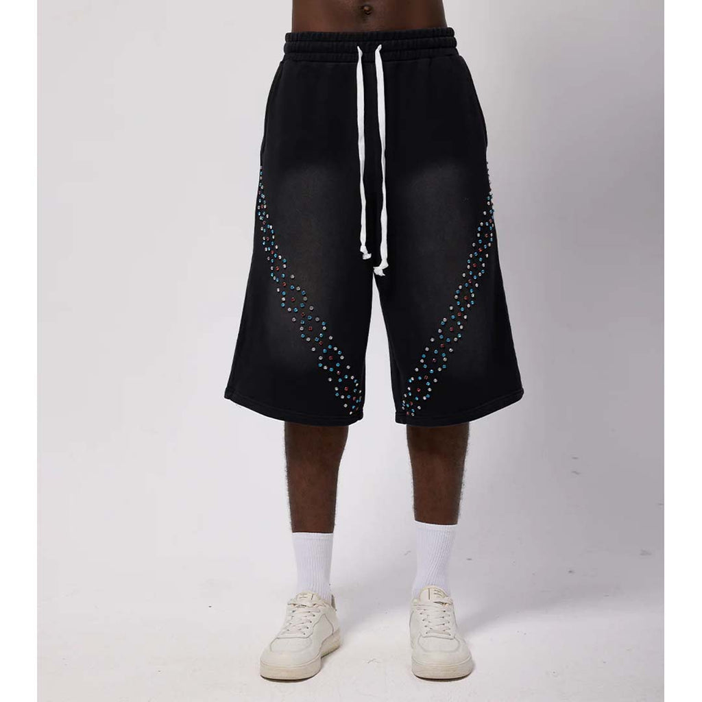 Cactus Valley CVX3 Faded Black Rhinestone Sweat Shorts by Cactus Valley - NWAHYPE No.1 for streetwear Shorts in USA