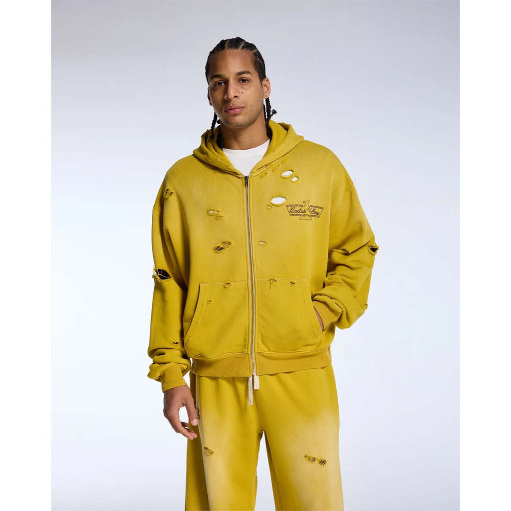 Cactus Valley Eagle Valley Distressed Zip Up Hoodie Yellow by Cactus Valley - NWAHYPE No.1 for streetwear Hoodies in USA