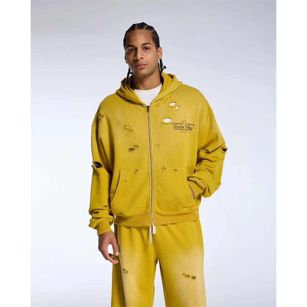 Cactus Valley Eagle Valley Distressed Zip Up Hoodie Yellow by Cactus Valley - NWAHYPE No.1 for streetwear Hoodies in USA