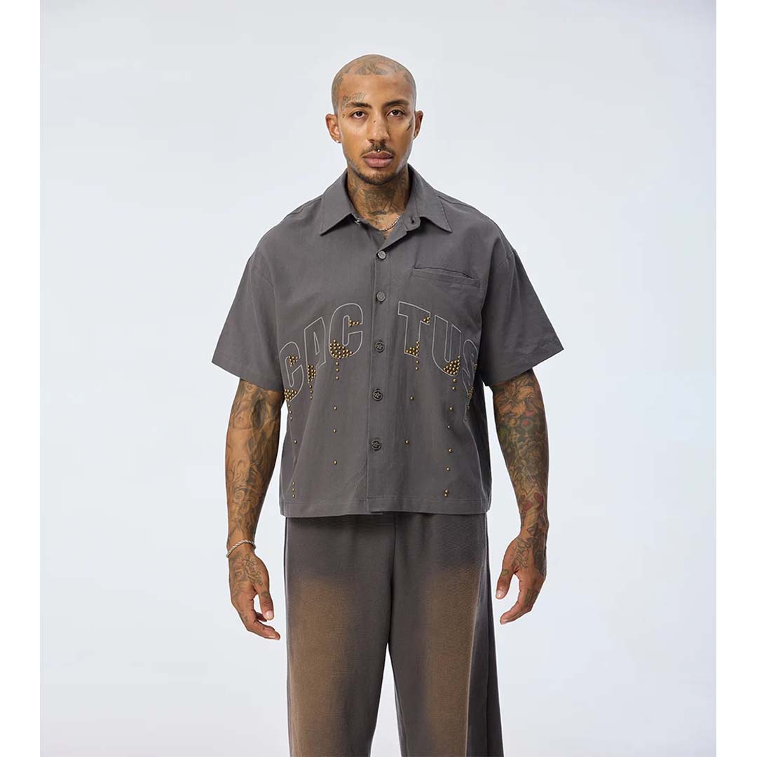 Cactus Valley Studded Grey Button Up Shirt by Cactus Valley - NWAHYPE No.1 for streetwear T-Shirts in USA