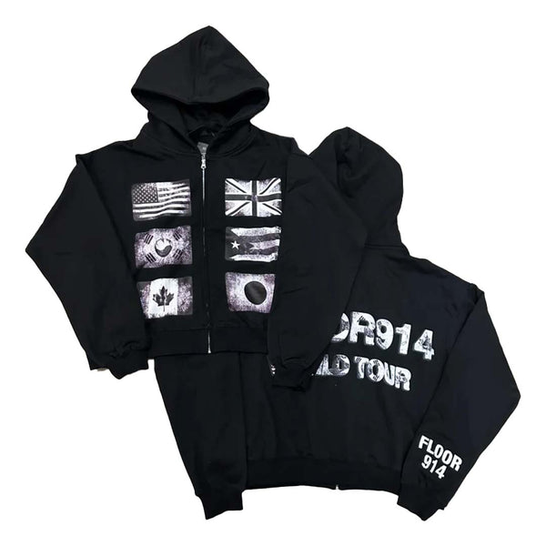 Floor 914 Flag Zip Up Hoodie Black by Floor 914 - NWAHype No.1 for streetwear Hoodies in USA