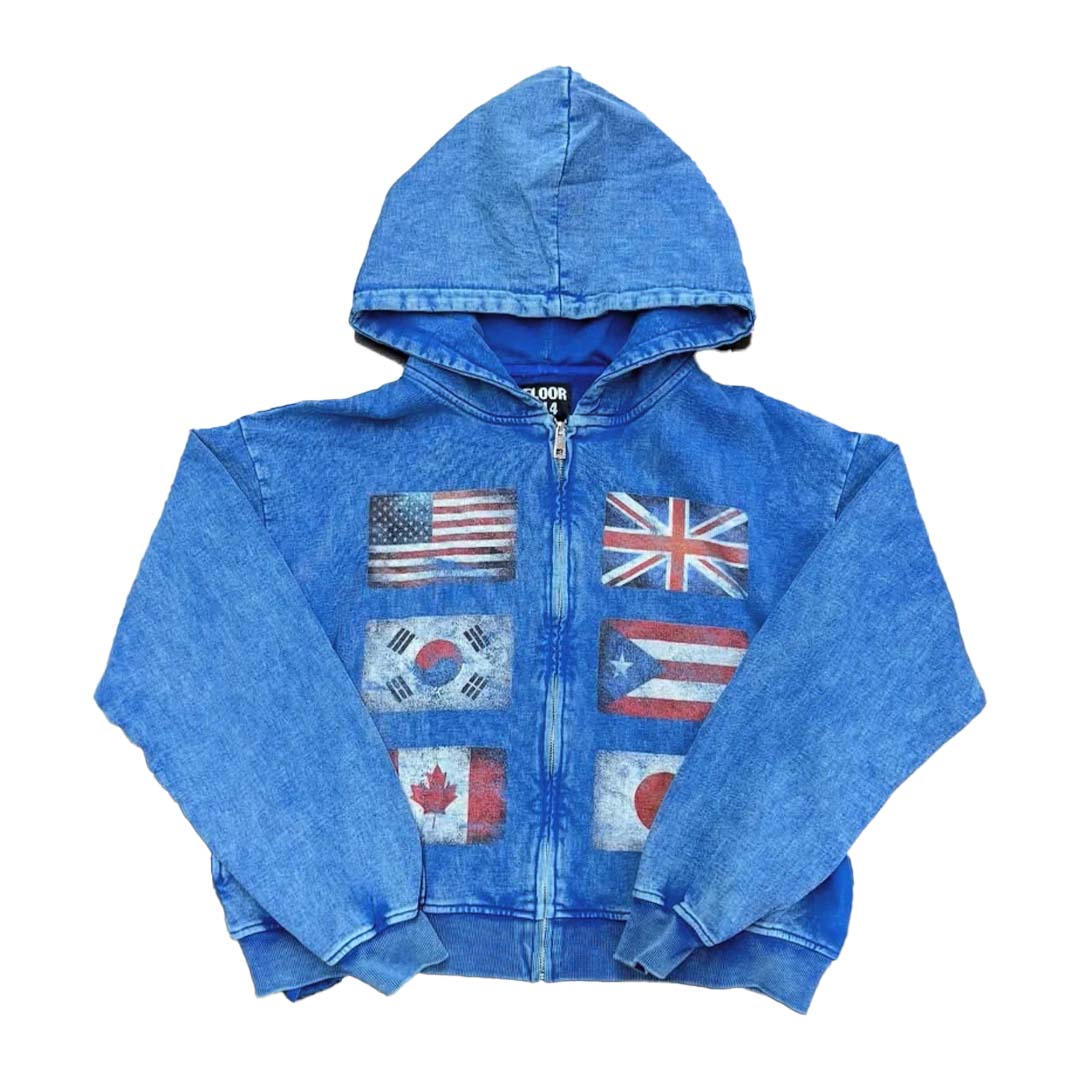 Floor 914 Flag Zip Up Hoodie Blue by Floor 914 - NWAHype No.1 for streetwear Hoodies in USA