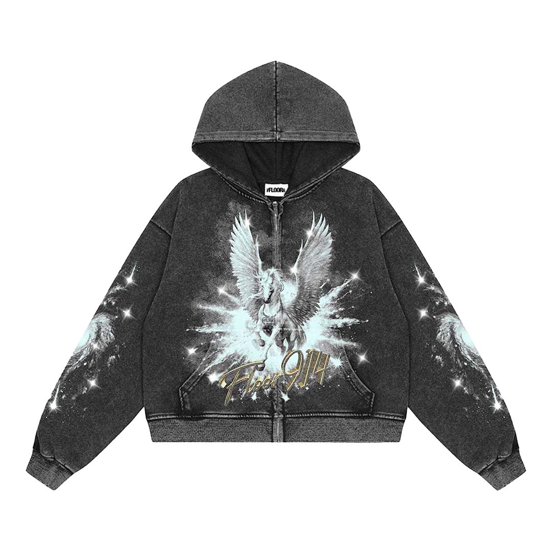 Floor 914 Pegasus Zip Hoodie Grey Wash by Floor 914 - NWAHype 1 for streetwear Hoodies in USA