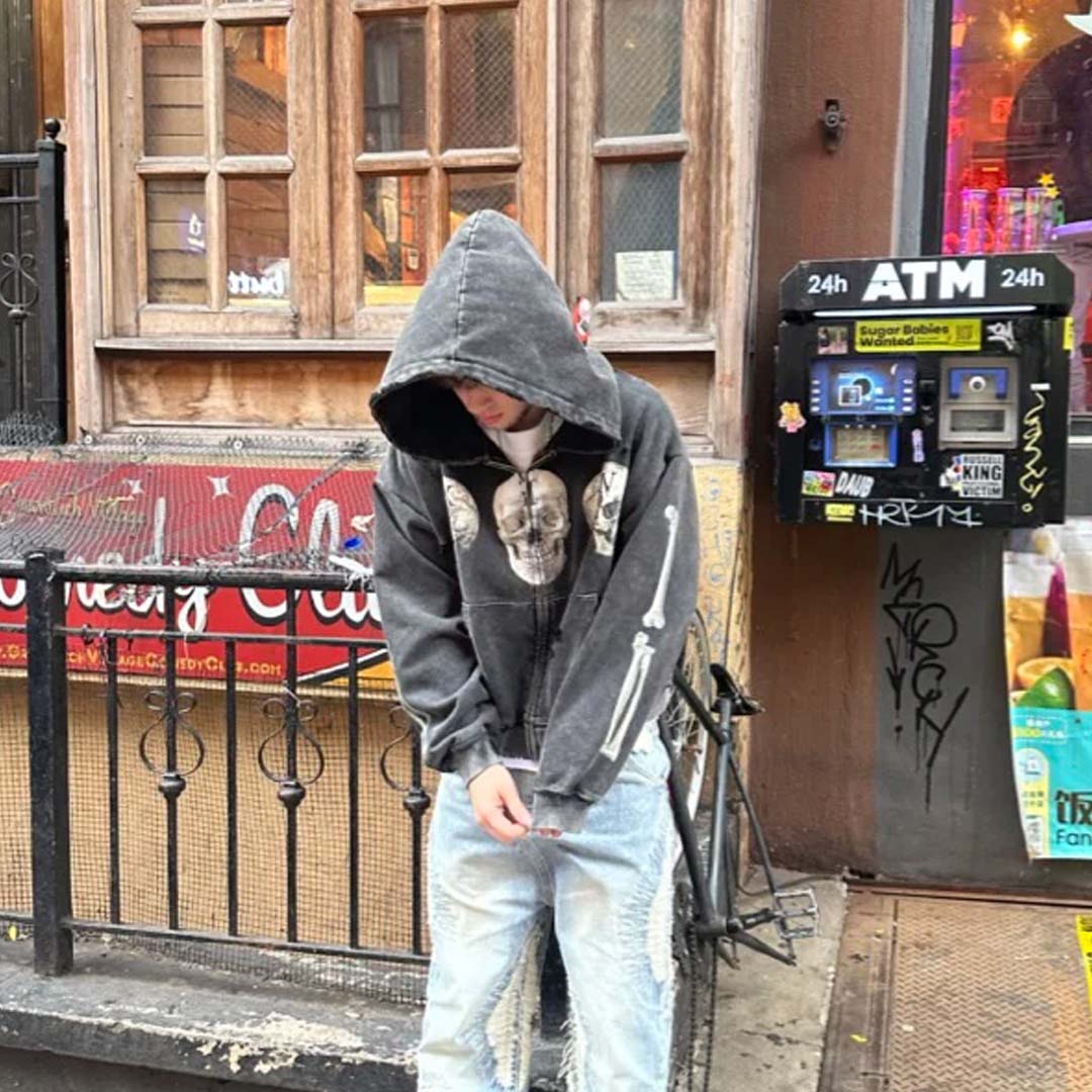 Floor 914 Skull Zip Hoodie Grey Wash by Floor 914 - NWAHype 1 for streetwear Hoodies in USA