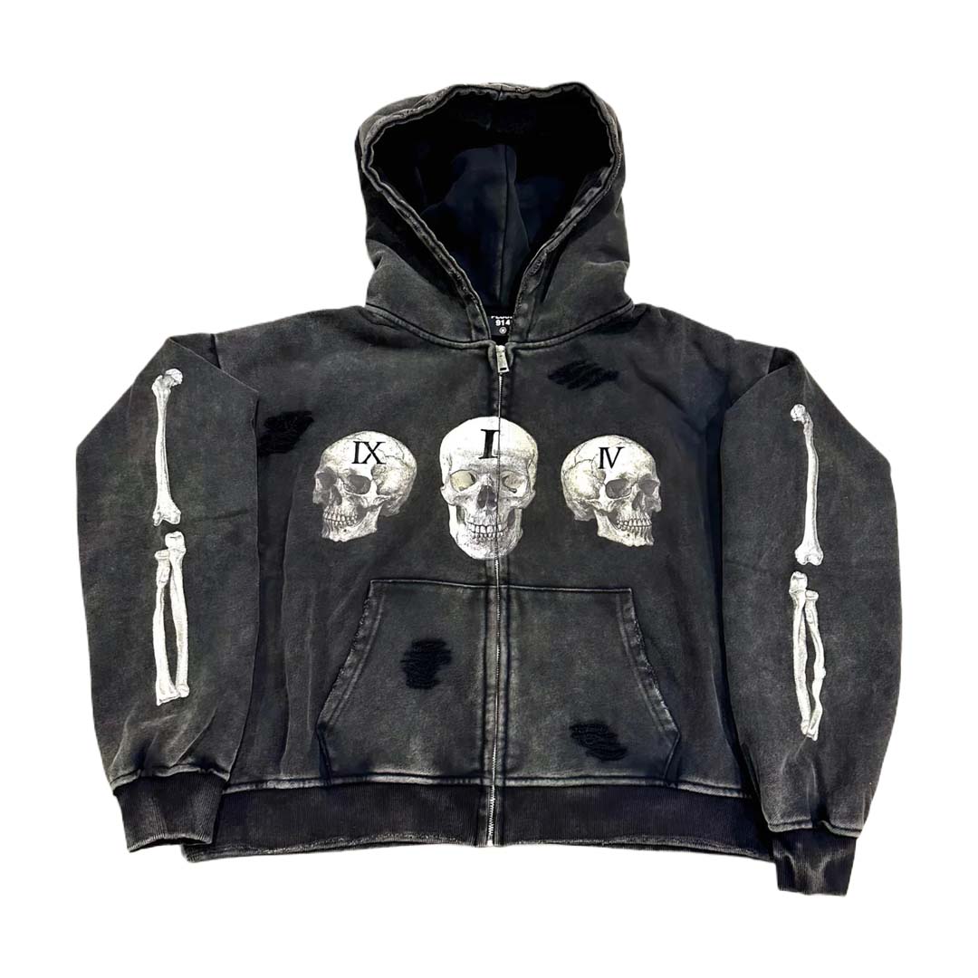 Floor 914 Skull Zip Hoodie Grey Wash by Floor 914 - NWAHype 1 for streetwear Hoodies in USA