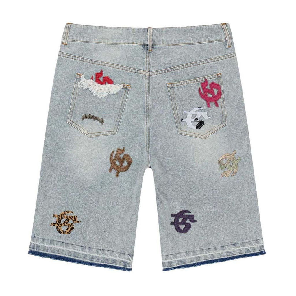 Godspeed Infinity Denim Shorts Blue Multi Color Patches by Godspeed - NWAHYPE No.1 for streetwear Shorts in USA