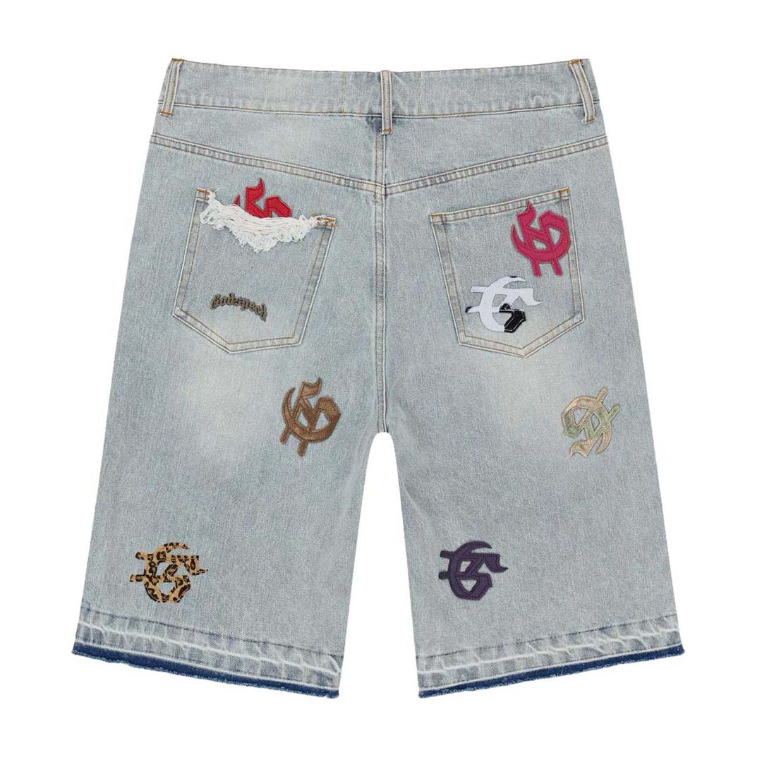 Godspeed Infinity Denim Shorts Blue Multi Color Patches by Godspeed - NWAHYPE No.1 for streetwear Shorts in USA