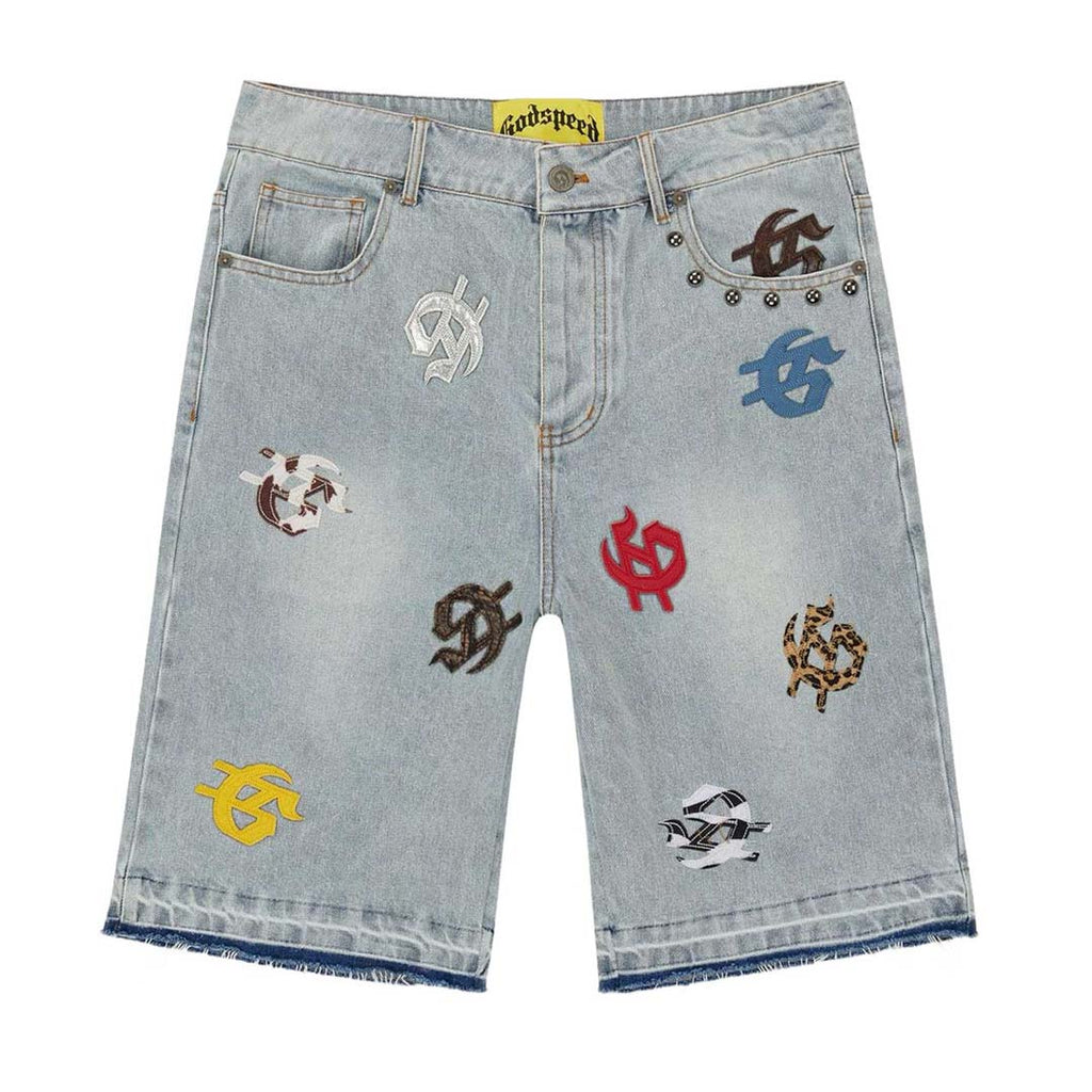 Godspeed Infinity Denim Shorts Blue Multi Color Patches by Godspeed - NWAHYPE No.1 for streetwear Shorts in USA