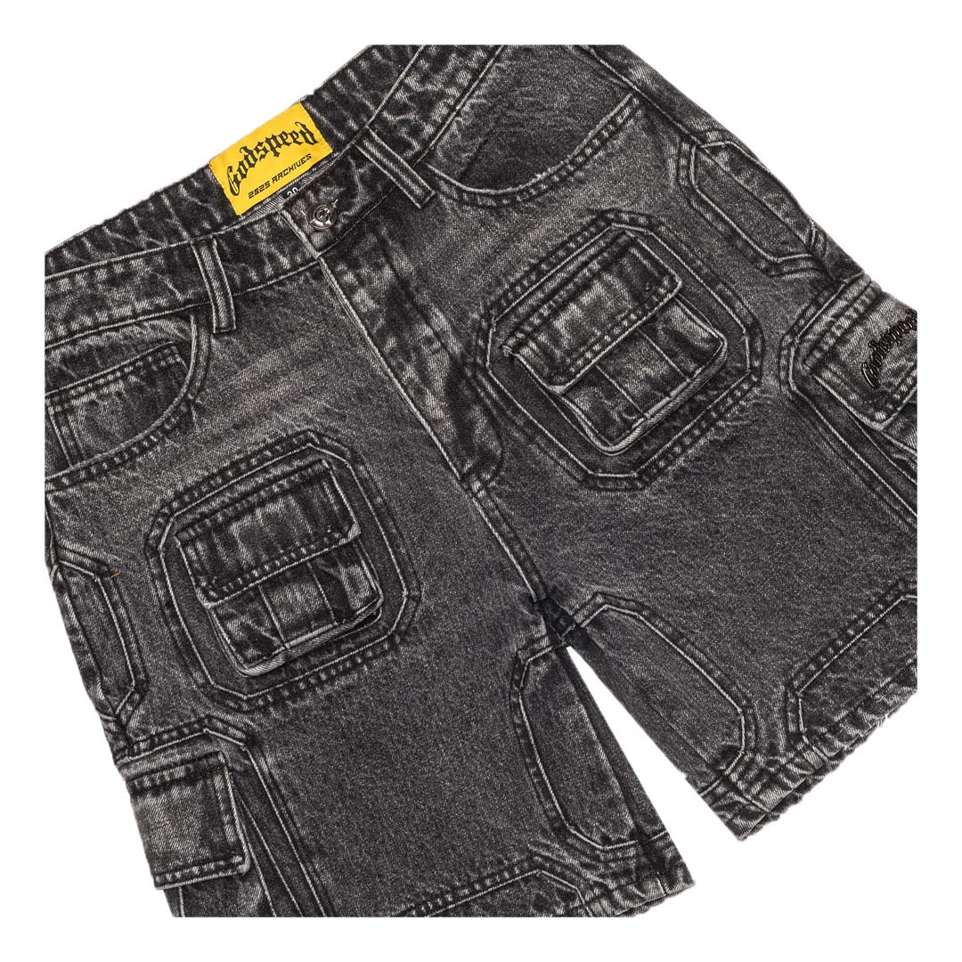 Godspeed Octagon Cargo Denim Shorts Grey Wash by Godspeed - NWAHype No.1 for streetwear Shorts in USA