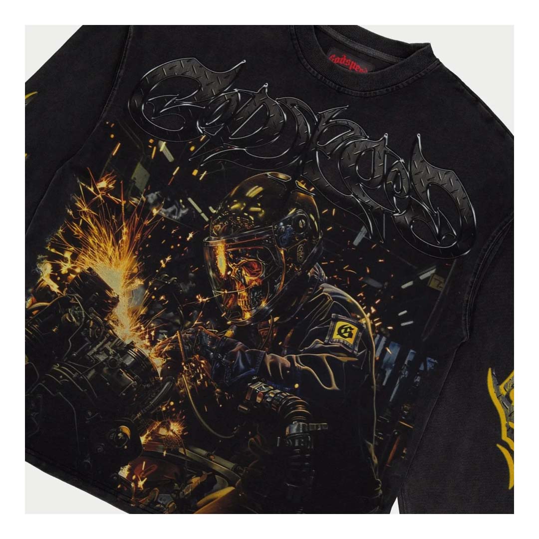 Godspeed Steel Sharpens Steel Grey Wash Long Sleeve Tee by Godspeed - NWAHype 1 for streetwear T-Shirts in USA