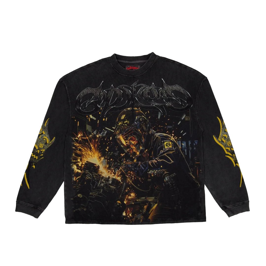Godspeed Steel Sharpens Steel Grey Wash Long Sleeve Tee by Godspeed - NWAHype 1 for streetwear T-Shirts in USA