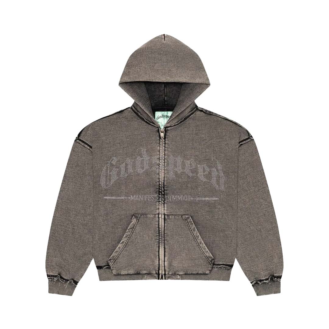 Godspeed Studded OG Logo Zip Up Hoodie Grey Wash by Godspeed - NWAHype 1 for streetwear Hoodies in USA