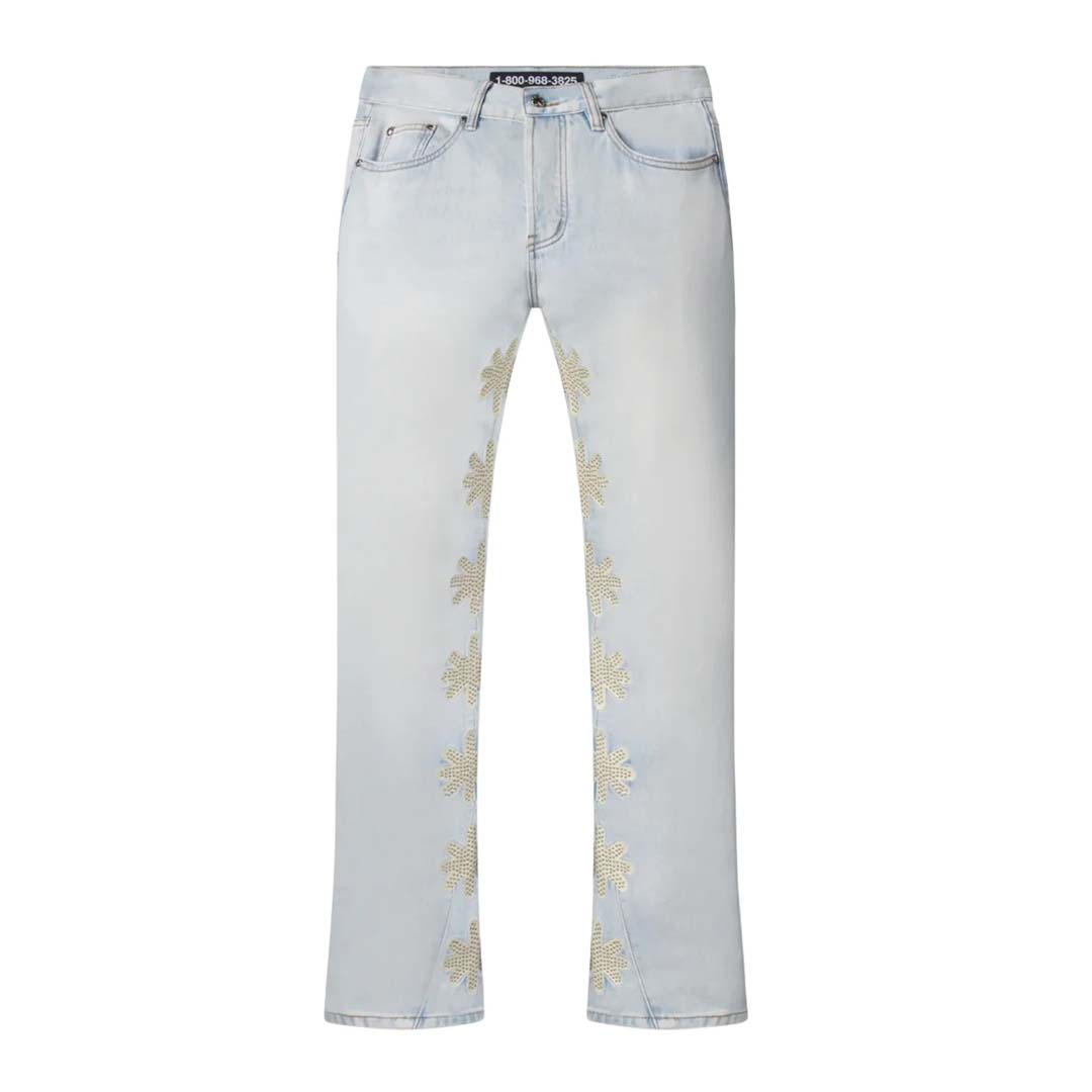 Lost Shadows Studded Sun Logo Denim Jeans Blue Bone by Lost Shadows - NWAHYPE No.1 for streetwear Pants in USA