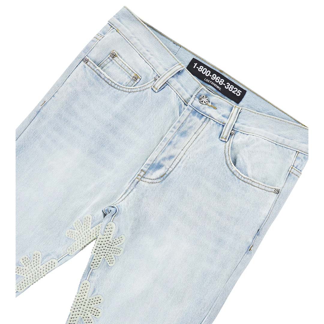 Lost Shadows Studded Sun Logo Denim Jeans Blue Bone by Lost Shadows - NWAHYPE No.1 for streetwear Pants in USA