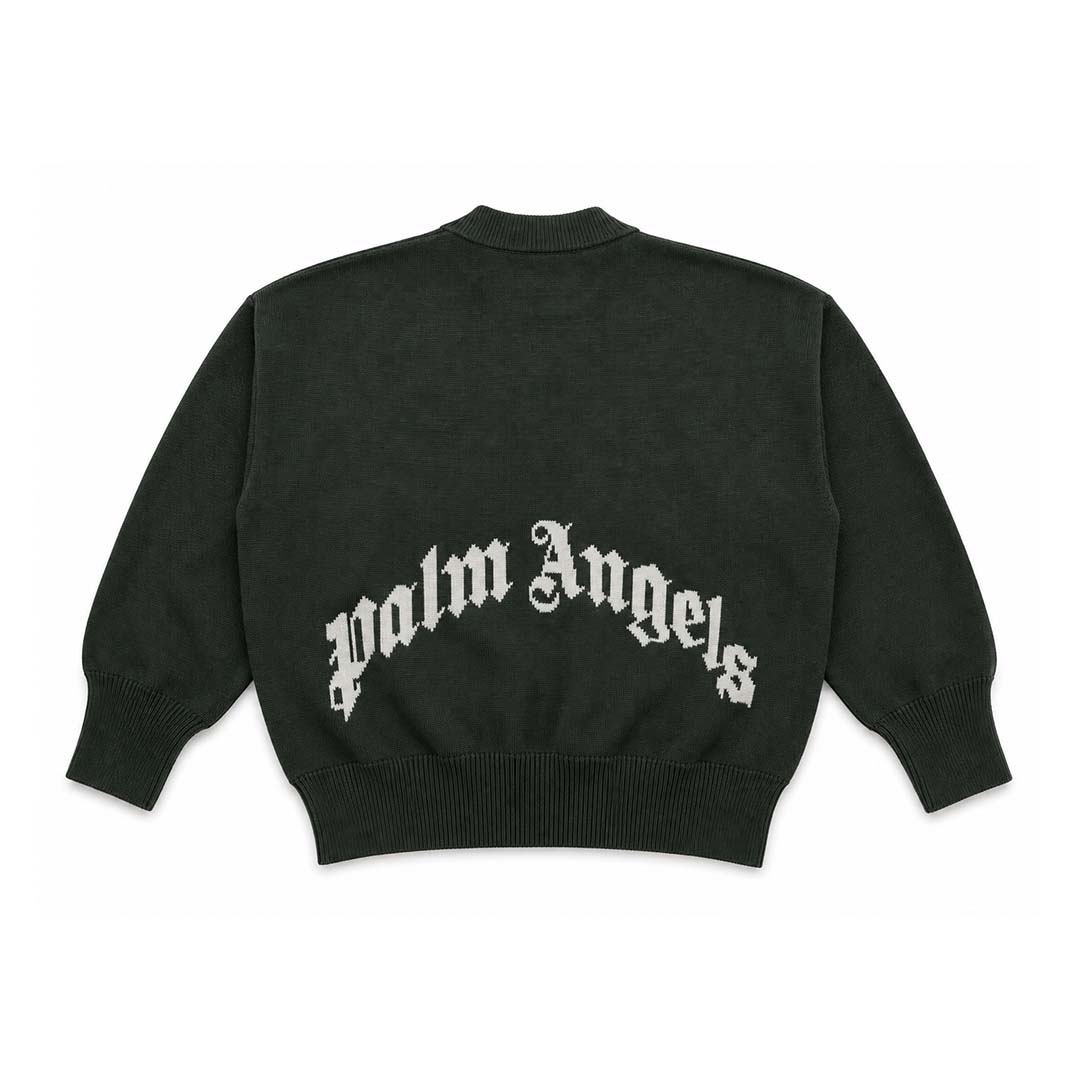 Palm Angels KIDS Logo Knit Sweater Military Green White by Palm Angels - NWAHYPE No.1 for streetwear KIDS in USA