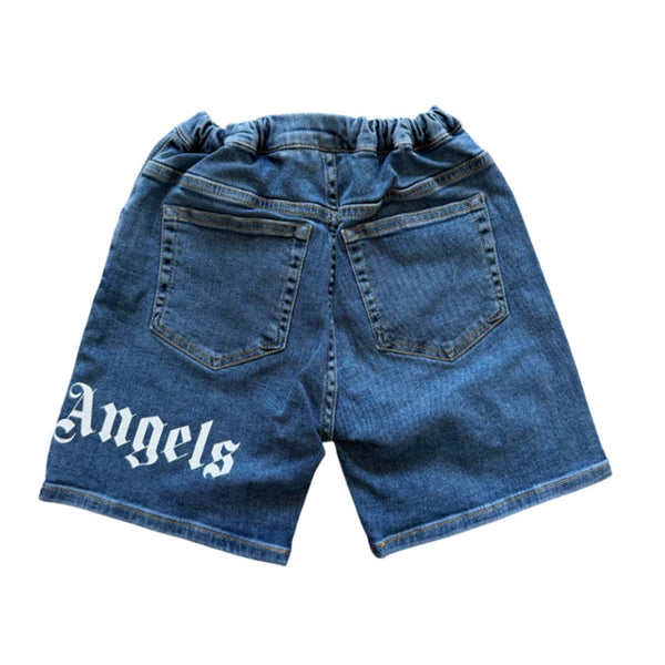 Palm Angels KIDS Logo Over Denim Shorts Blue White by Palm Angels - NWAHYPE No.1 for streetwear KIDS in USA