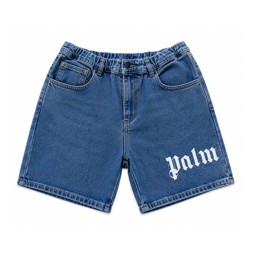 Palm Angels KIDS Logo Over Denim Shorts Blue White by Palm Angels - NWAHYPE No.1 for streetwear KIDS in USA