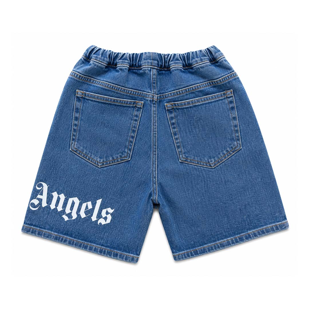 Palm Angels KIDS Logo Over Denim Shorts Blue White by Palm Angels - NWAHYPE No.1 for streetwear KIDS in USA