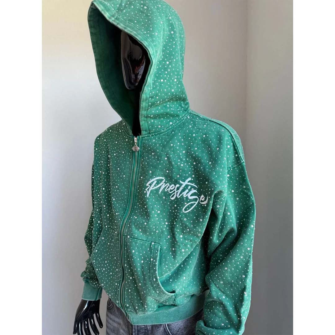 Prestige Diamond Rhinestone Zip Up Hoodie Green by Prestige - NWAHYPE No.1 for streetwear Hoodies in USA