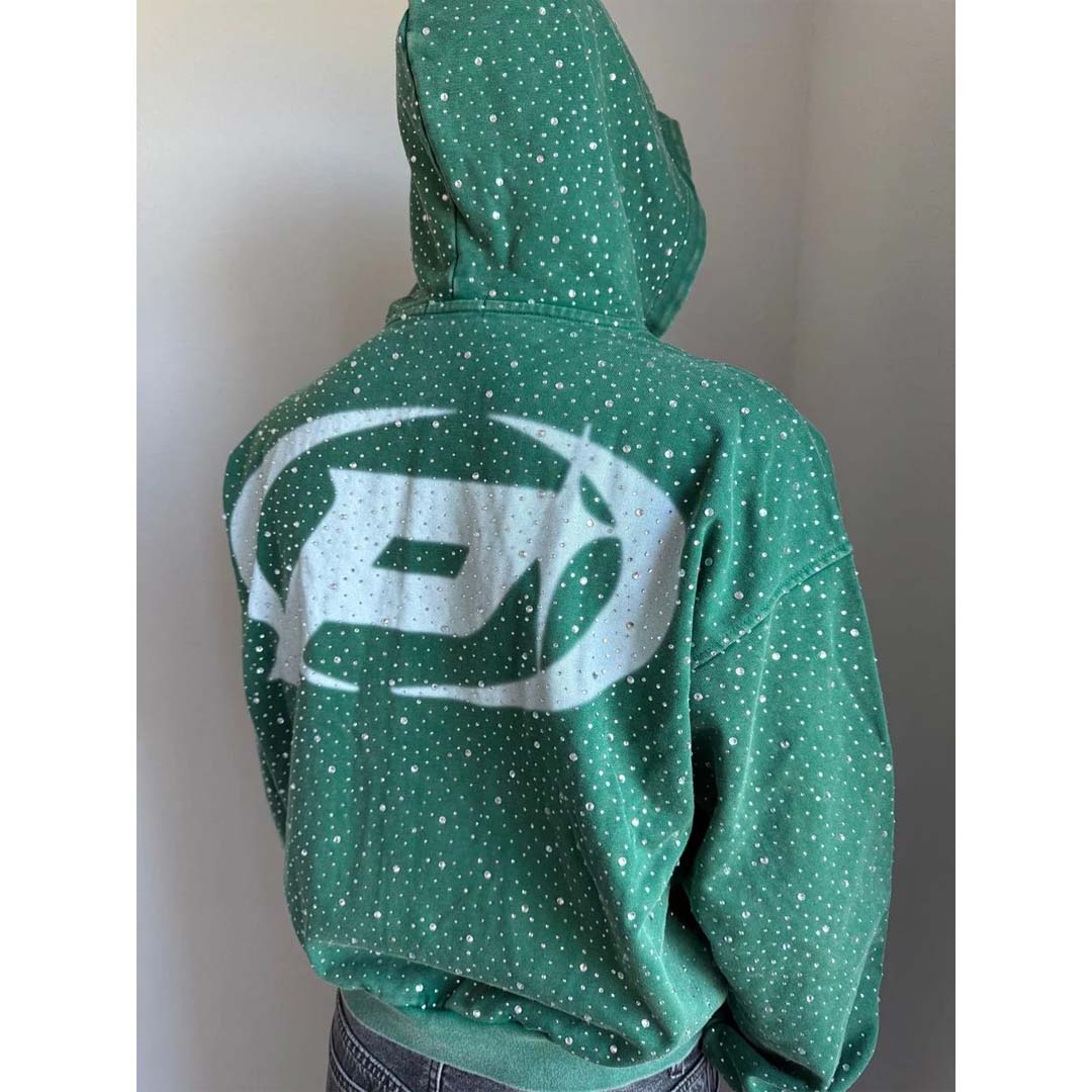 Prestige Diamond Rhinestone Zip Up Hoodie Green by Prestige - NWAHYPE No.1 for streetwear Hoodies in USA