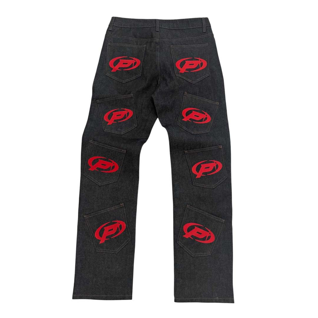 Prestige P Logo Denim Jeans Black Red Pockets by Prestige - NWAHYPE No.1 for streetwear Pants in USA