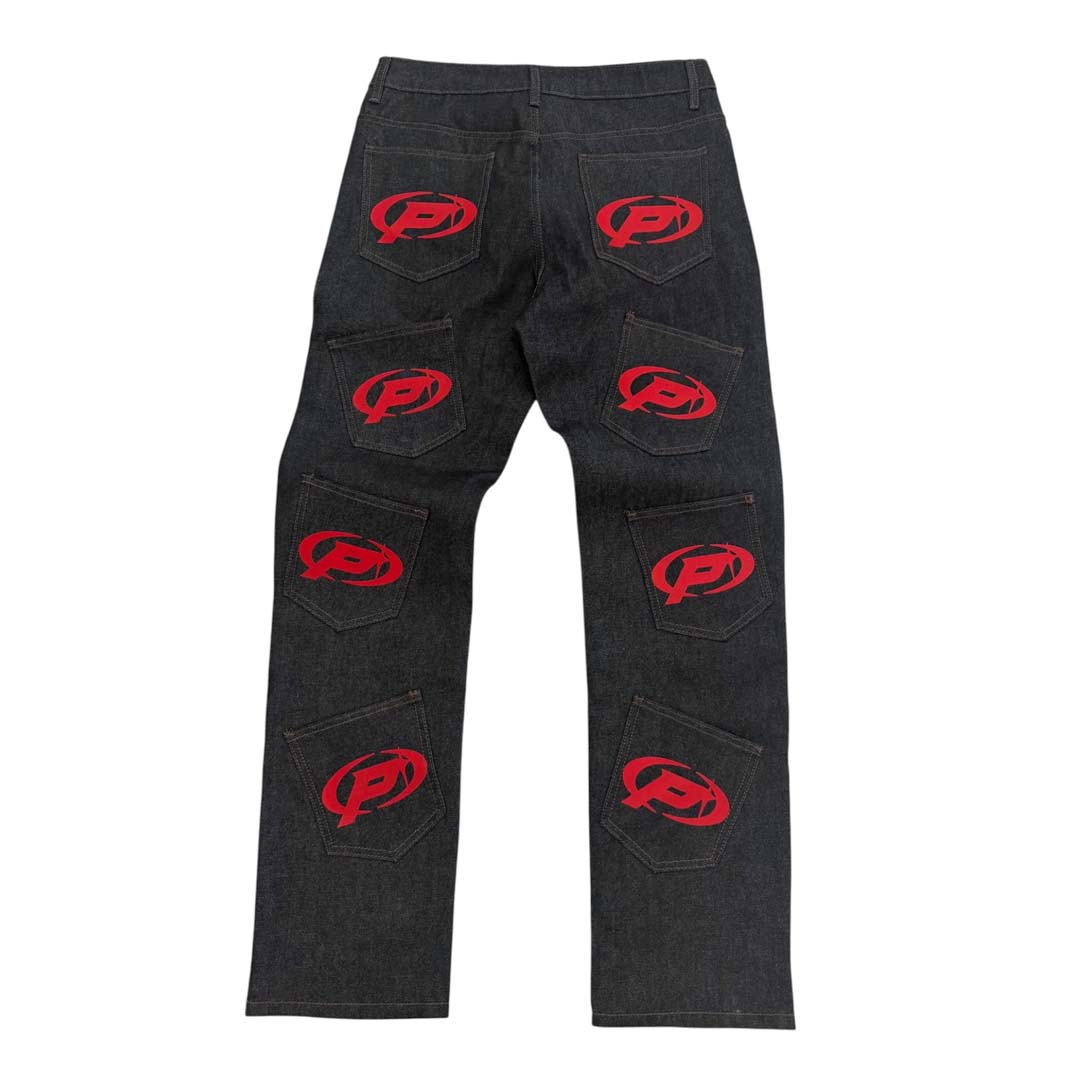 Prestige P Logo Denim Jeans Black Red Pockets by Prestige - NWAHYPE No.1 for streetwear Pants in USA