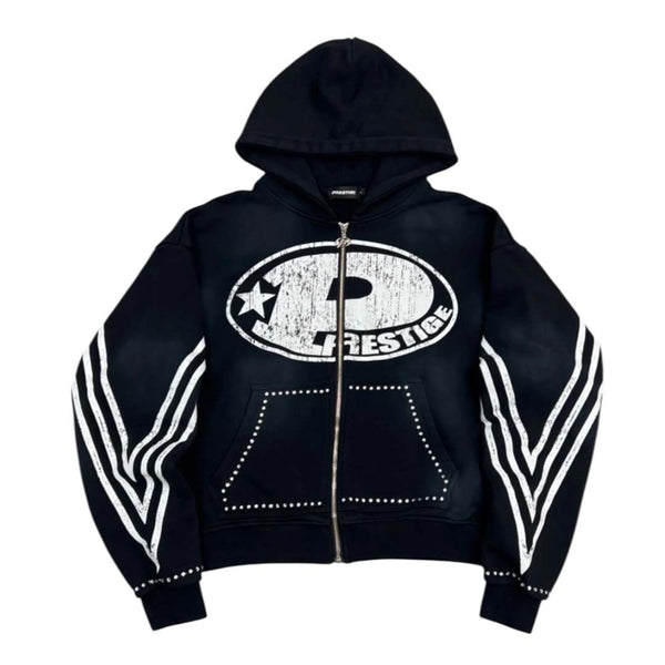 Prestige P Logo Rhinestone Zip Up Hoodie Black by Prestige - NWAHYPE No.1 for streetwear Hoodies in USA
