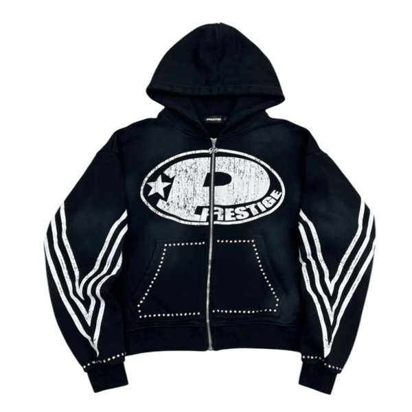Prestige P Logo Rhinestone Zip Up Hoodie Black by Prestige - NWAHYPE No.1 for streetwear Hoodies in USA