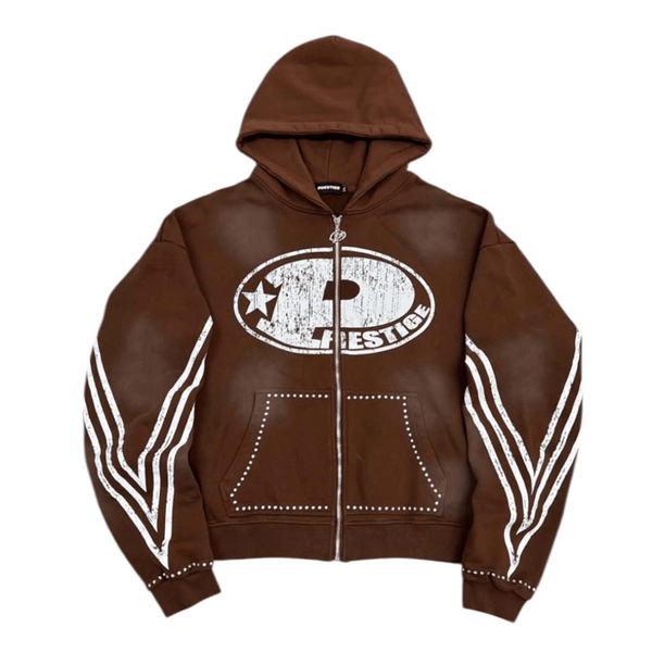 Prestige P Logo Rhinestone Zip Up Hoodie Brown by Prestige - NWAHYPE No.1 for streetwear Hoodies in USA