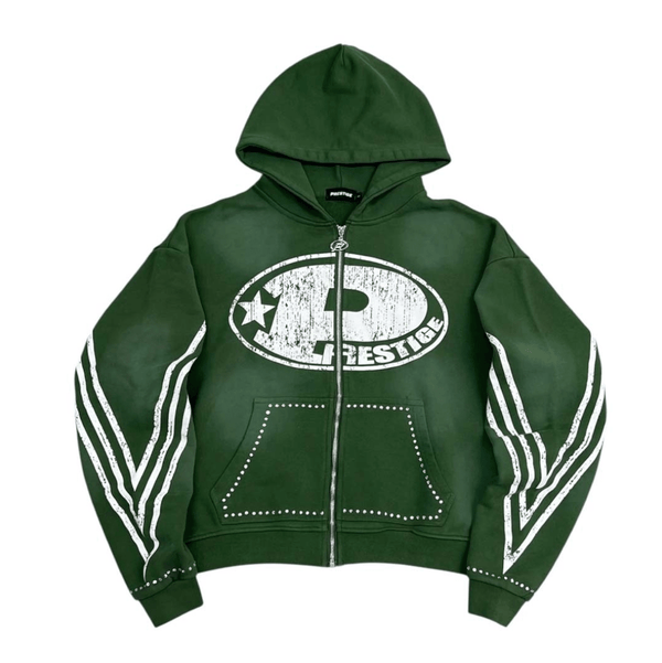 Prestige P Logo Rhinestone Zip Up Hoodie Green by Prestige - NWAHYPE No.1 for streetwear Hoodies in USA