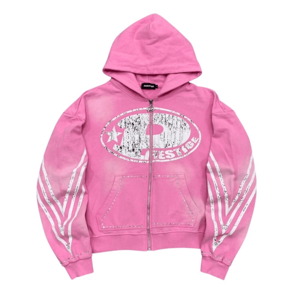 Prestige P Logo Rhinestone Zip Up Hoodie Pink by Prestige - NWAHYPE No.1 for streetwear Hoodies in USA