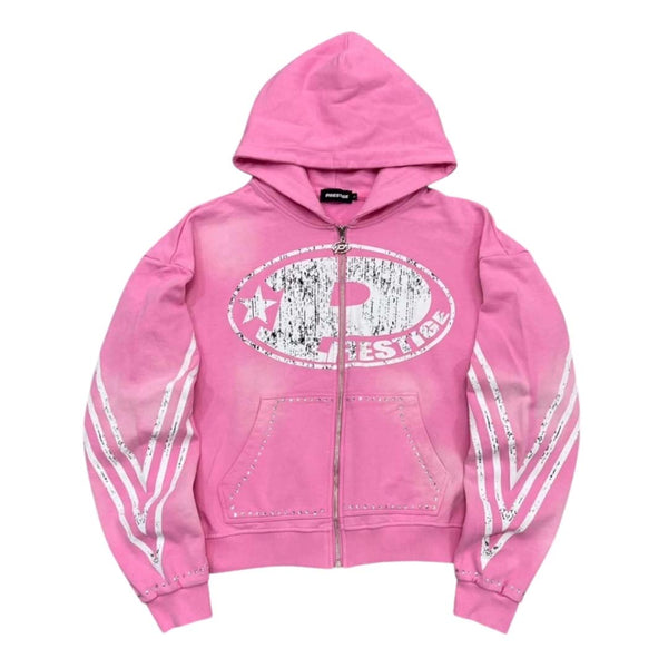 Prestige P Logo Rhinestone Zip Up Hoodie Pink by Prestige - NWAHYPE No.1 for streetwear Hoodies in USA