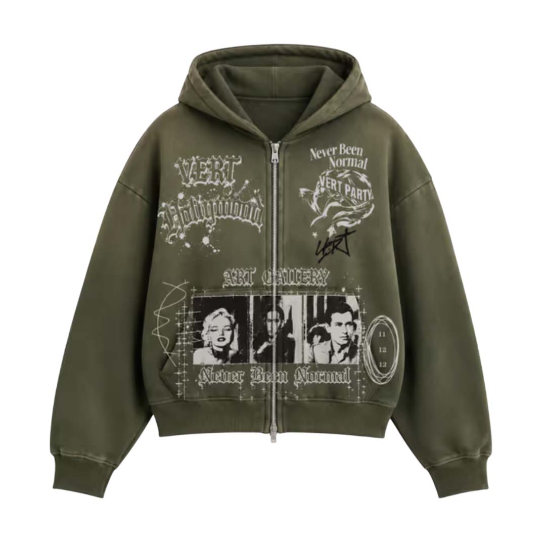 Retrovert Vert Party Zip Up Hoodie Olive by Retrovert - NWAHYPE No.1 for streetwear Hoodies in USA