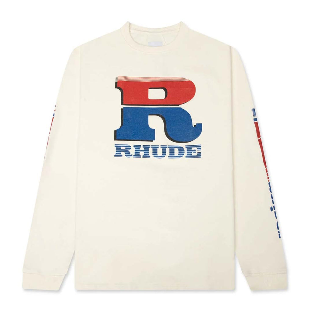 Rhude Split Petrol Logo Long Sleeve Tee Vintage White Red by Rhude - NWAHYPE No.1 for streetwear T-Shirts in USA