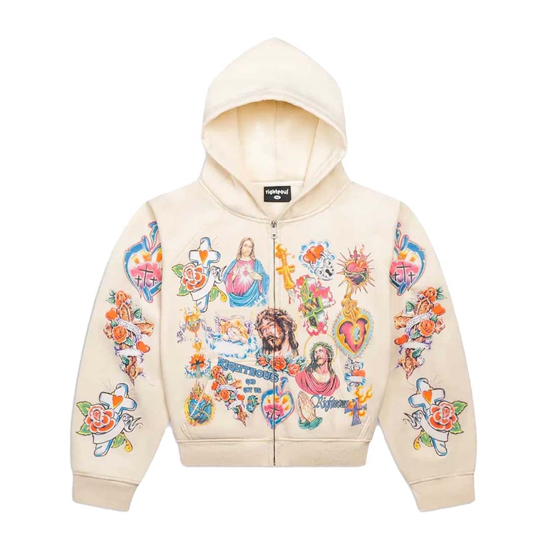 Righteous Risen King Cropped Zip Up Hoodie Cream by Righteous - NWAHype 1 for streetwear Hoodies in USA