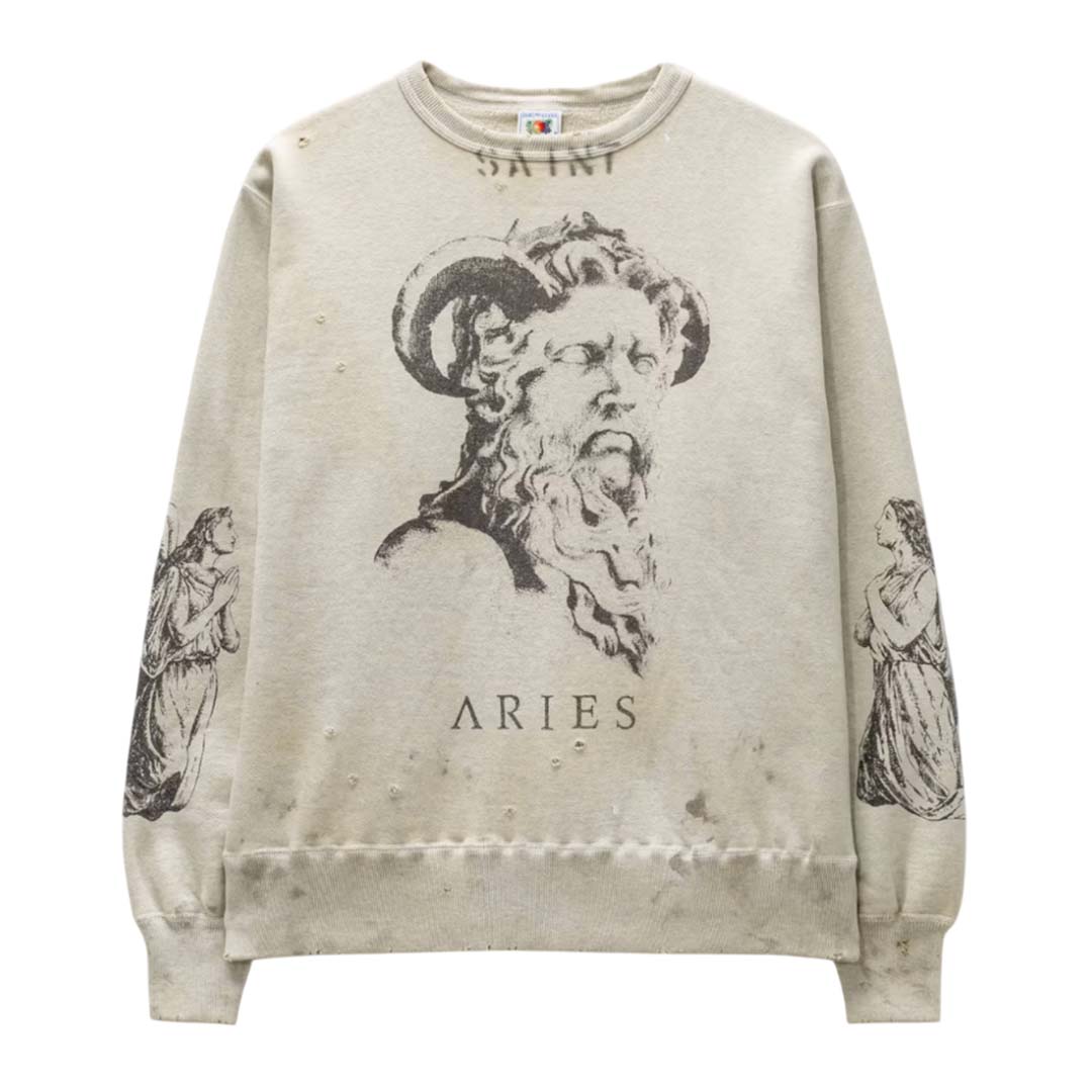 Saint Michael Aries Crewneck Sweatshirt Distressed Cream by Saint Michael - NWAHYPE No.1 for streetwear Hoodies in USA