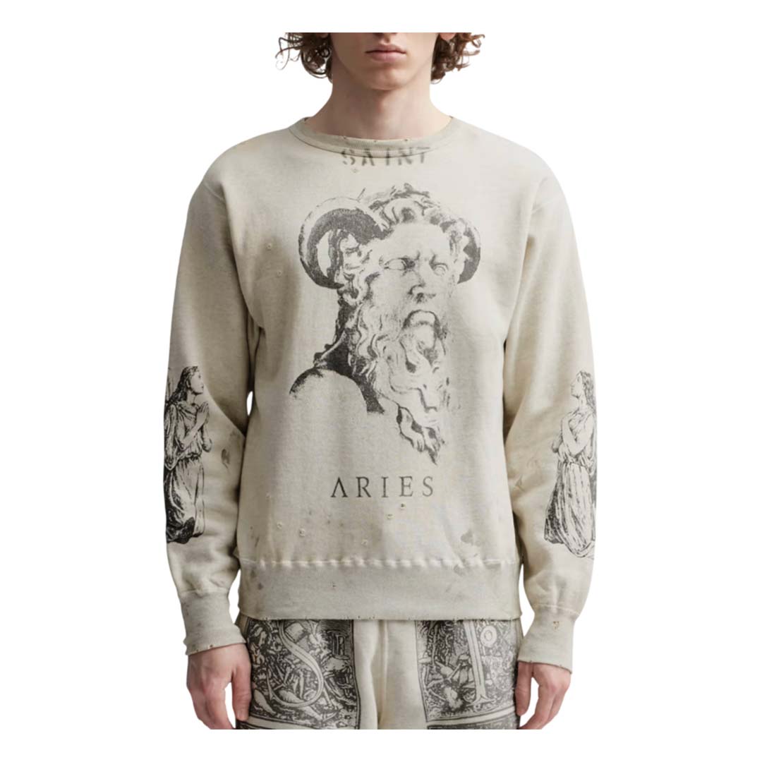 Saint Michael Aries Crewneck Sweatshirt Distressed Cream by Saint Michael - NWAHYPE No.1 for streetwear Hoodies in USA