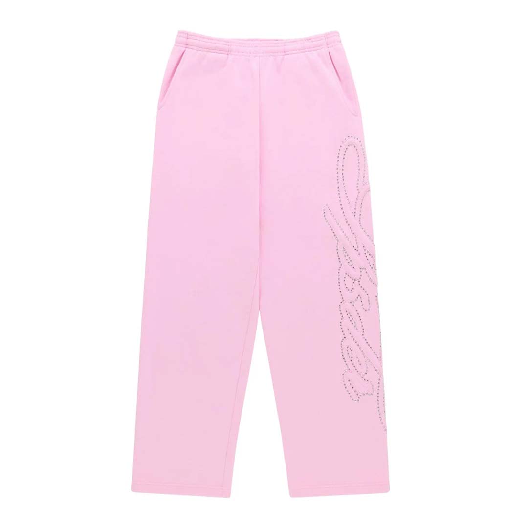 Sp5der Rhinestone Script Sweatpants Light Pink by Sp5der - NWAHYPE No.1 for streetwear Pants in USA