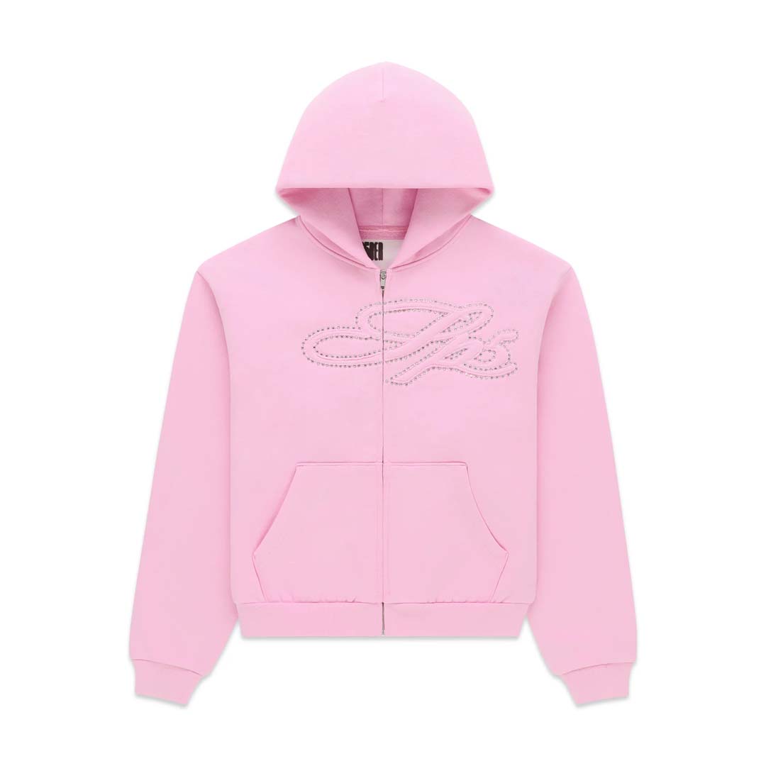 Sp5der Rhinestone Script Zip Up Hoodie Light Pink by Sp5der - NWAHYPE No.1 for streetwear Hoodies in USA