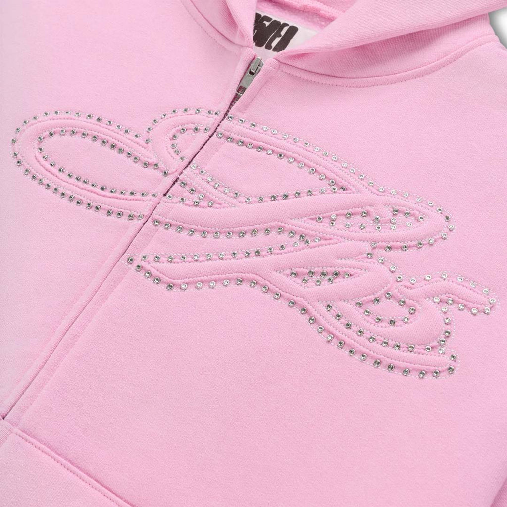 Sp5der Rhinestone Script Zip Up Hoodie Light Pink by Sp5der - NWAHYPE No.1 for streetwear Hoodies in USA