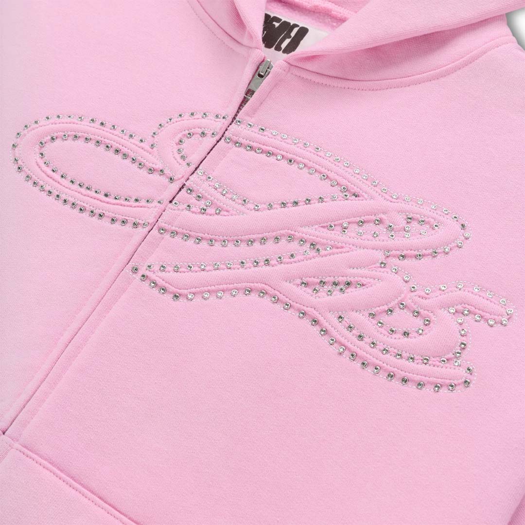 Sp5der Rhinestone Script Zip Up Hoodie Light Pink by Sp5der - NWAHYPE No.1 for streetwear Hoodies in USA