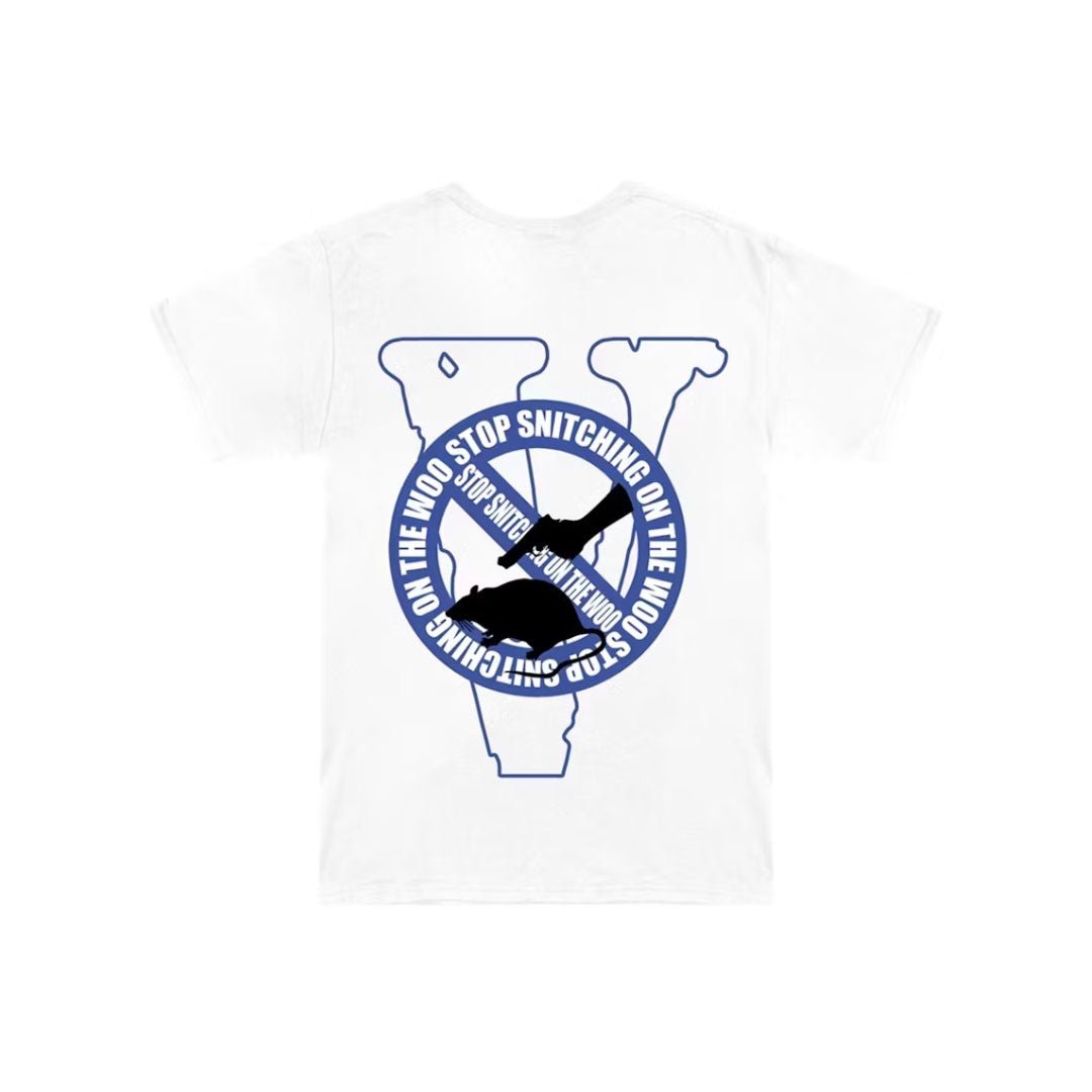Vlone x Pop Smoke Stop Snitching Tee White Blue by Vlone - NWAHype 1 for streetwear T-Shirts in USA